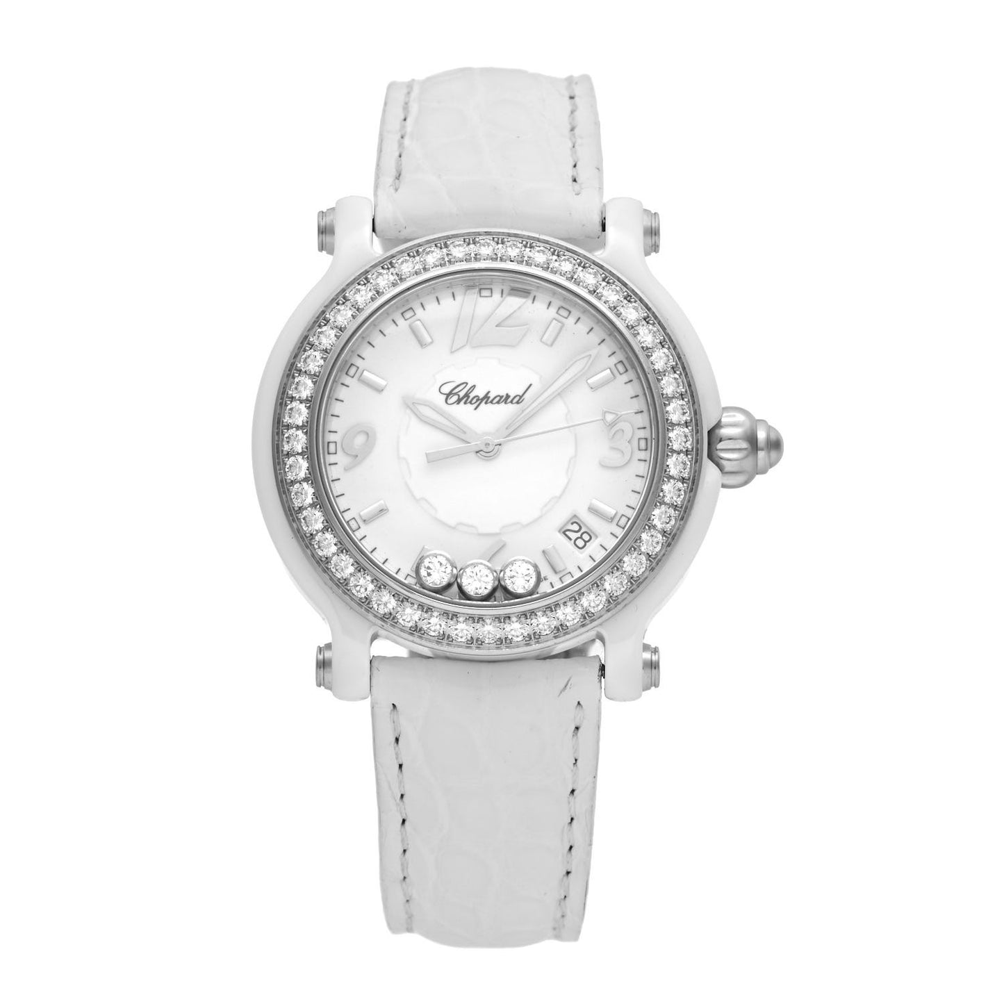 Stainless Steel Alligator Diamond Bezel 38mm Happy Sport Quartz Watch White