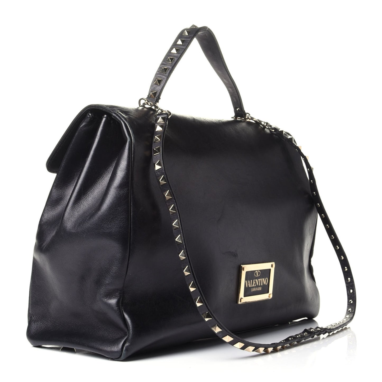 Vitello Large Rockstud Single Handle Flap Satchel Black