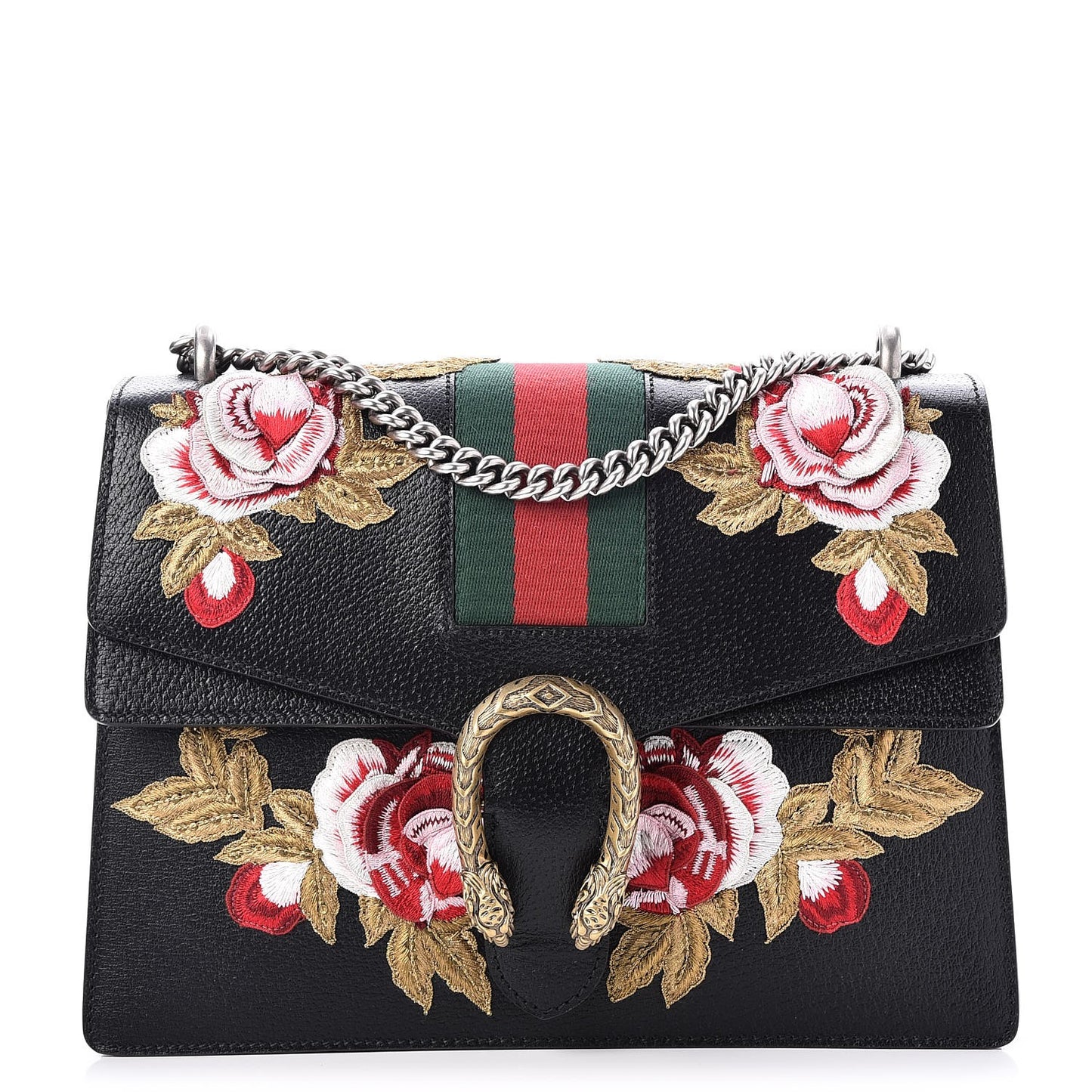 Calfskin Web Floral Embroidered Medium Dionysus Shoulder Bag Black