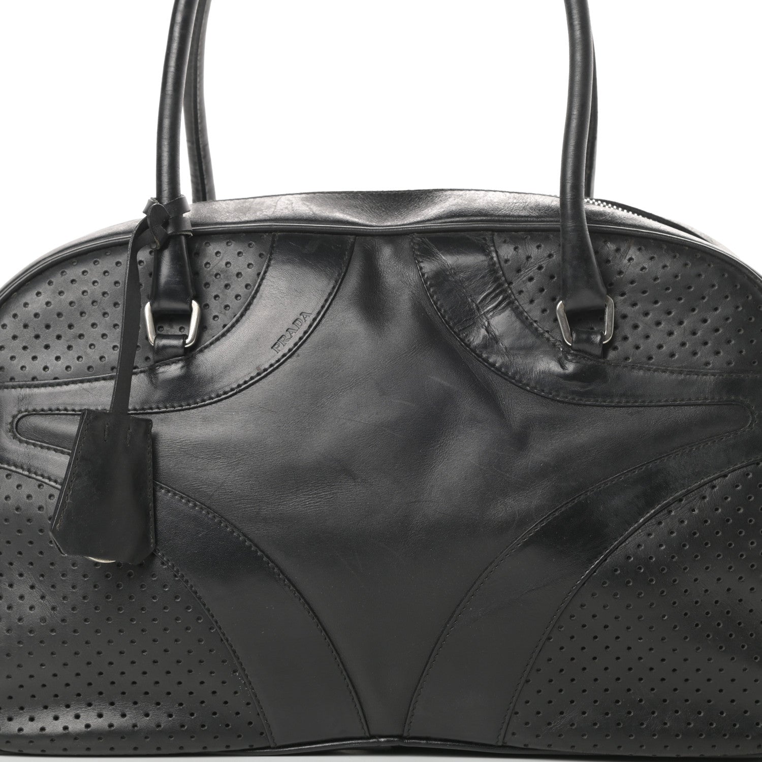 Prada Vitello Drive Perforated Bowling Bag Black 8 of 17