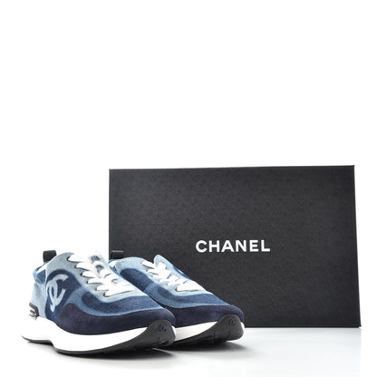 Chanel Denim Suede Calfskin Womens CC Sneakers 37 Dark Blue White Black 10 of 11