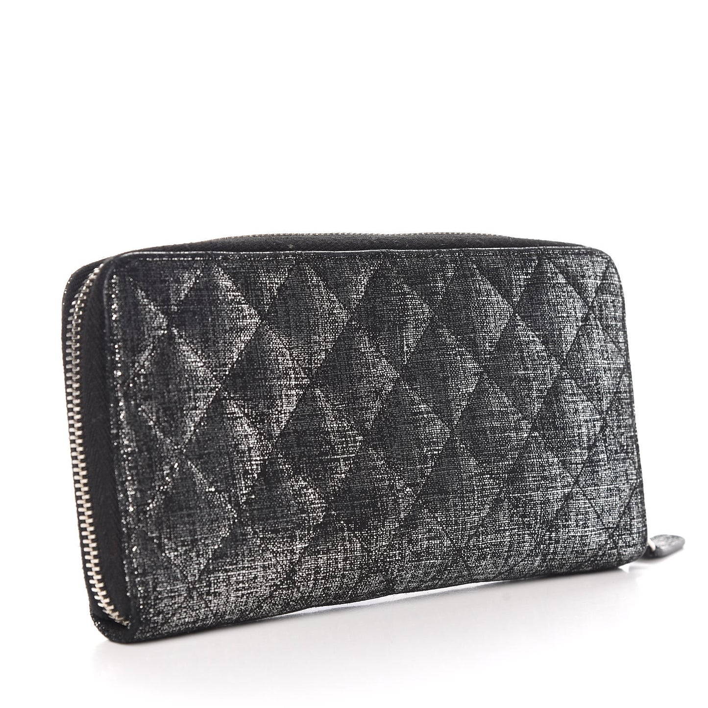 Metallic Fabric Quilted Zip Around Wallet Silver Black