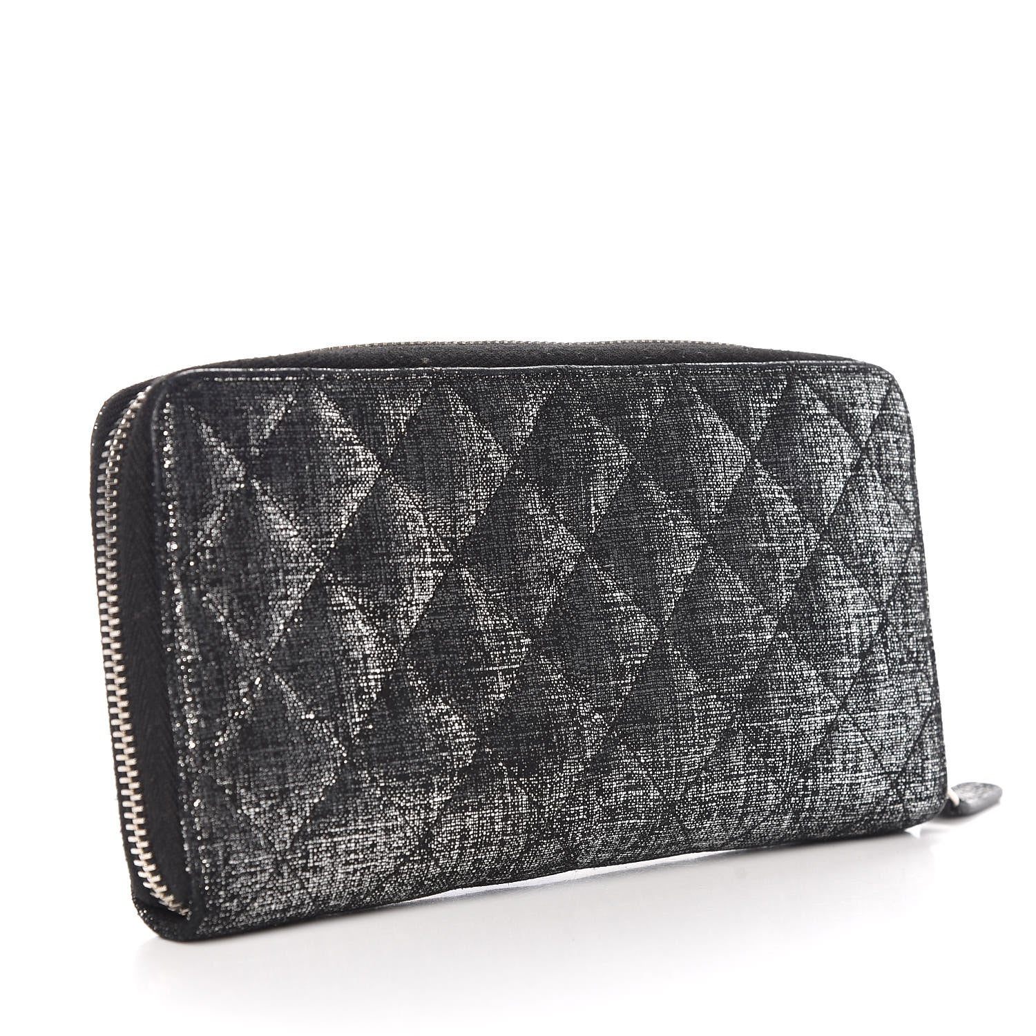 Chanel Metallic Fabric Quilted Zip Around Wallet Silver Black 3 of 8