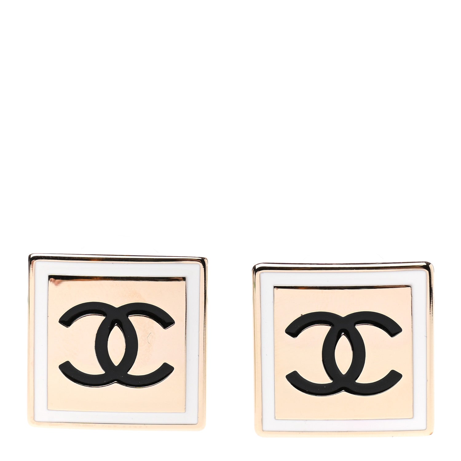 Chanel Metal Enamel CC Square Earrings Gold Black White 1 of 4