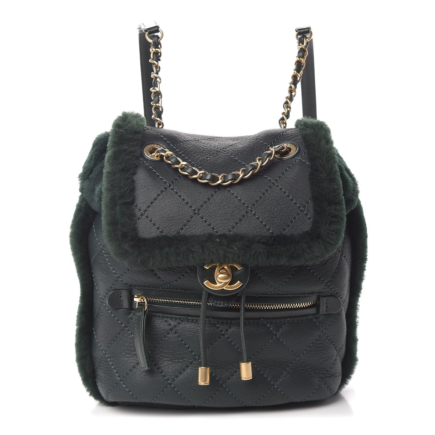 Lambskin Shearling Quilted CC Backpack Dark Green
