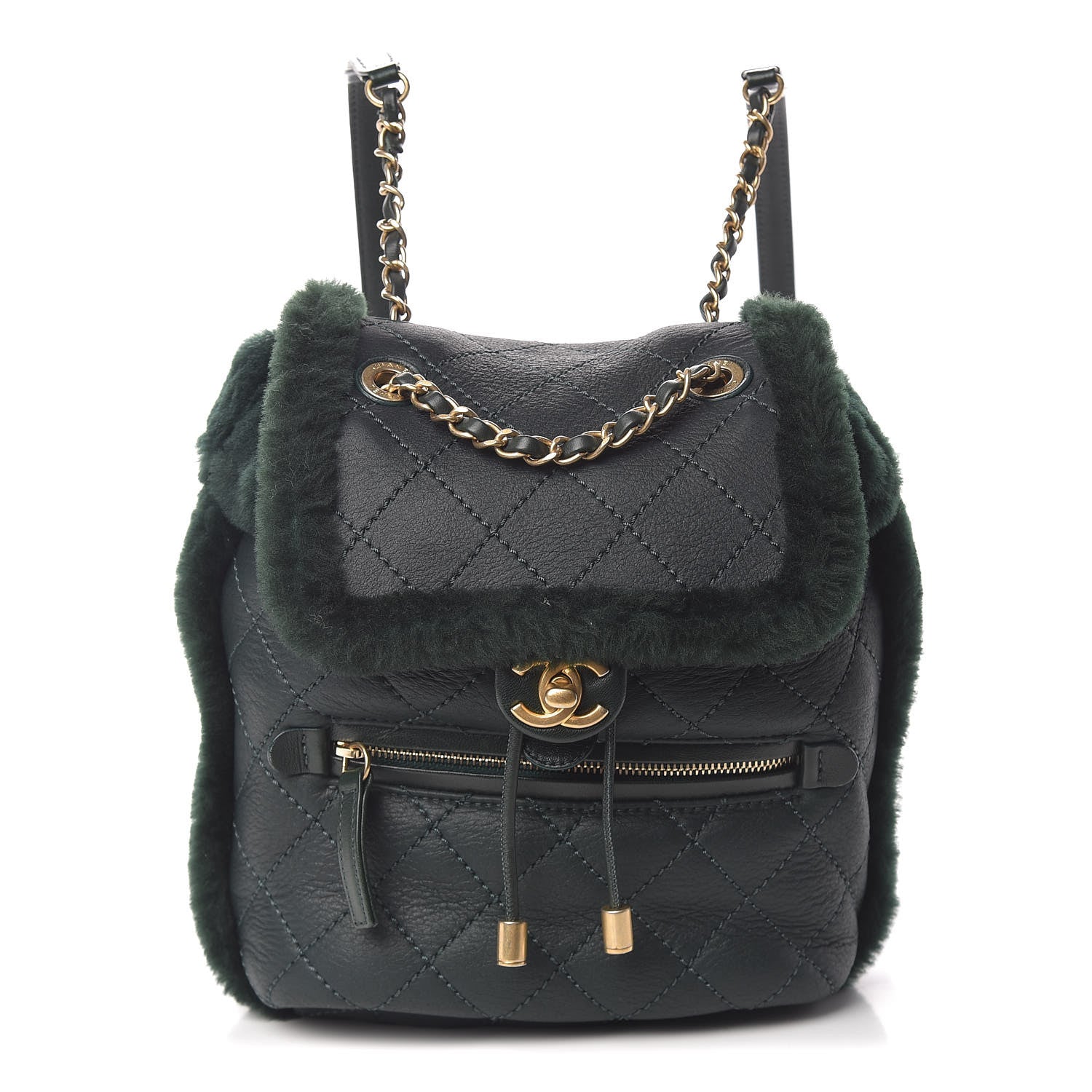 Chanel Lambskin Shearling Quilted CC Backpack Dark Green 2 of 12