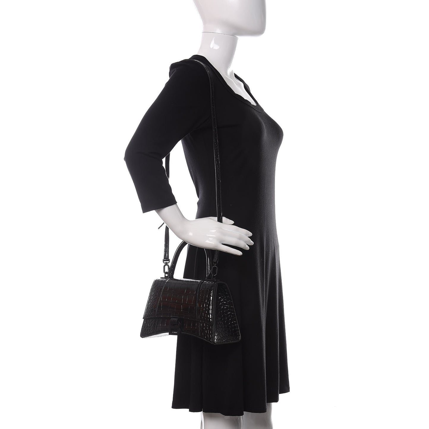 Shiny Calfskin Monochrome Crocodile Embossed Small Hourglass Top Handle Bag Black