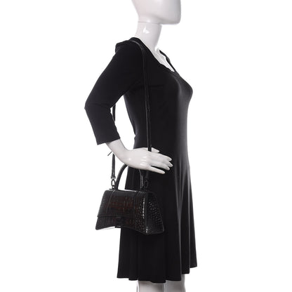 Balenciaga Shiny Calfskin Monochrome Crocodile Embossed Small Hourglass Top Handle Bag Black 2 of 11