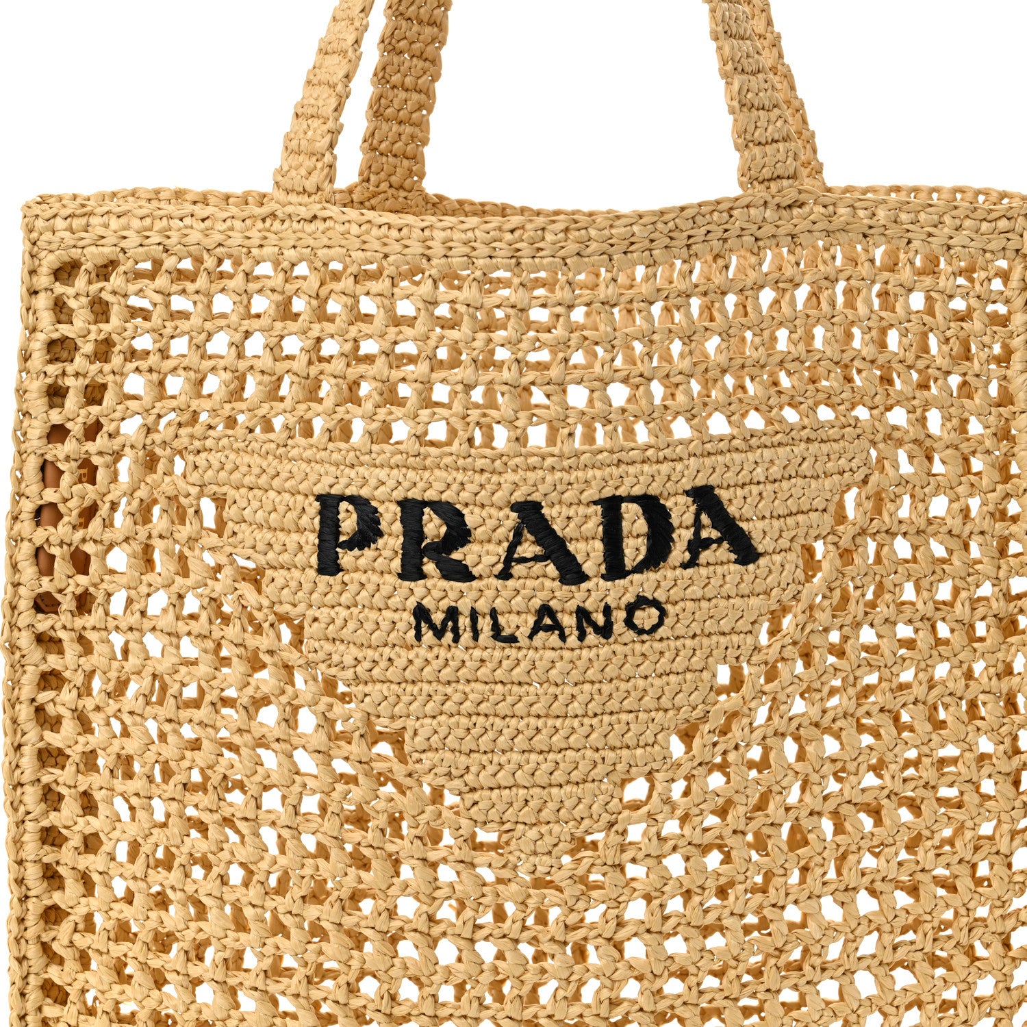 Prada Yarn Raffia Effect Crochet Logo Embroidered Tote Bag Naturale 7 of 9