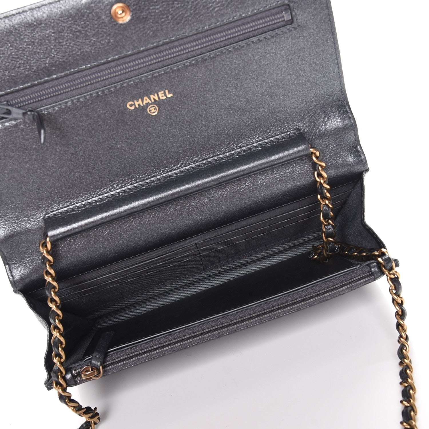Chanel Metallic Calfskin Quilted Boy Wallet On Chain WOC Charcoal 5 of 9