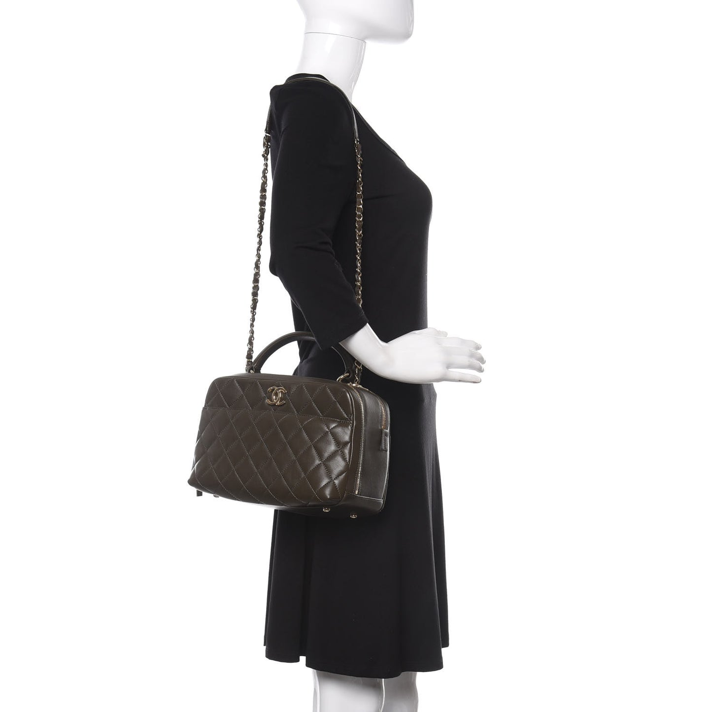 Lambskin Quilted Medium Trendy CC Bowling Bag Dark Khaki