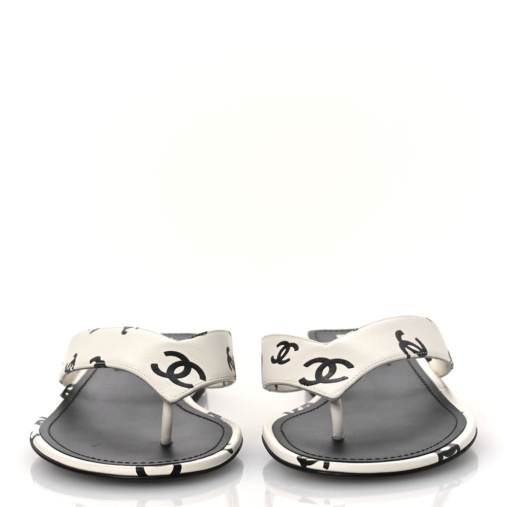 Chanel Lambskin Printed CC Thong Sandals 37 White Black 1789640 ...