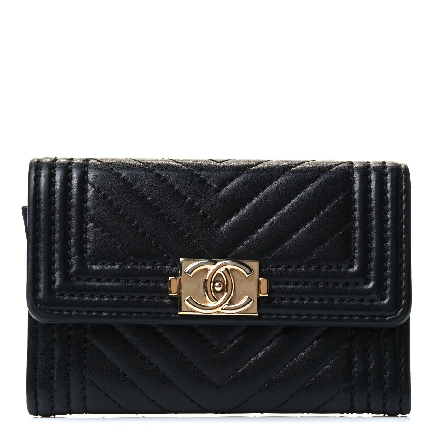 Lambskin Chevron Quilted Boy Card Holder Wallet Black