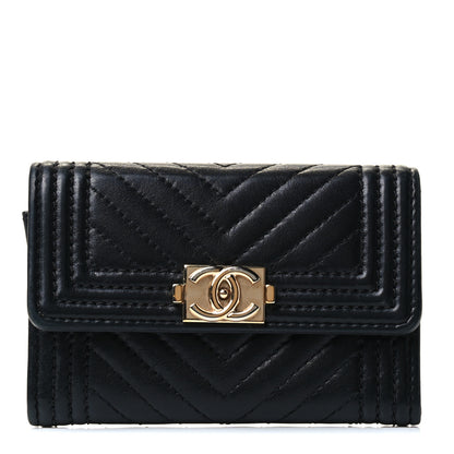 Chanel Lambskin Chevron Quilted Boy Card Holder Wallet Black 1 of 4