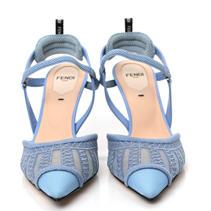 Fendi Mesh Vitello Ajour Embroidered Colibri Lite 85mm Slingback Pumps 37 Celeste Sky Pale Blue 2 of 8