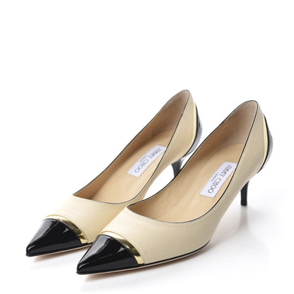 Jimmy Choo Nappa Mirror Patent Calfskin Leap Pumps 40 Bone Black Gold 3 of 9
