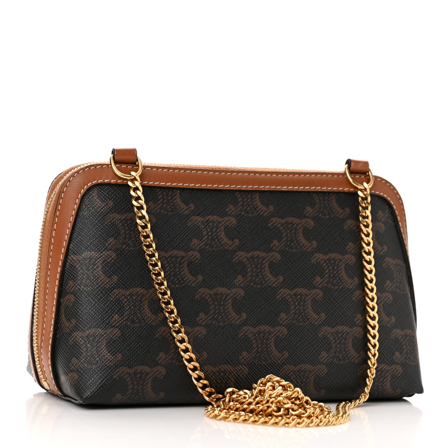 Lambskin Triomphe Canvas Embroidered Logo Clutch With Chain Tan