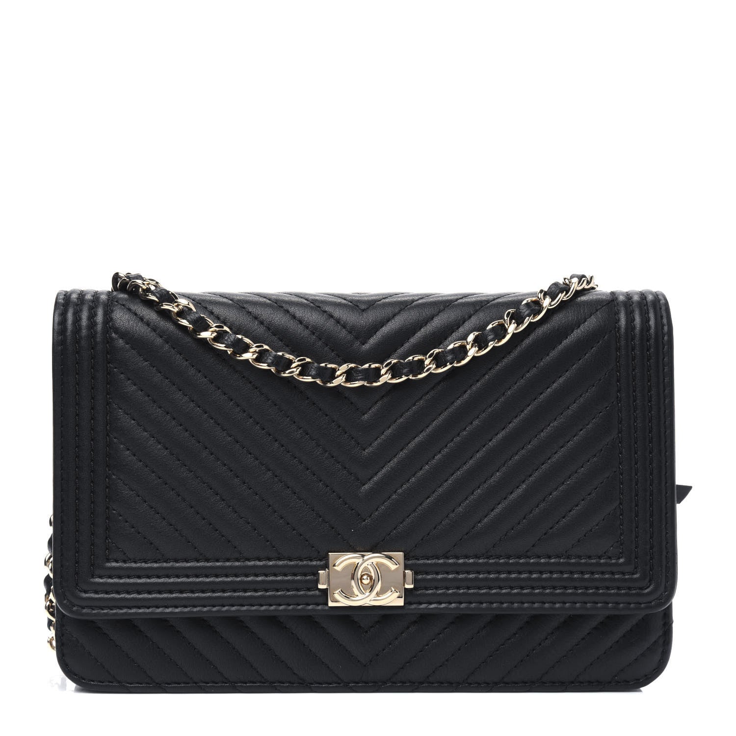 Chanel Calfskin Chevron Boy Wallet On Chain WOC Black 1 of 12