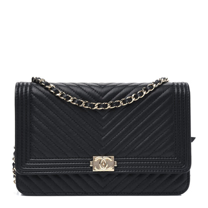 Chanel Calfskin Chevron Boy Wallet On Chain WOC Black 1 of 12