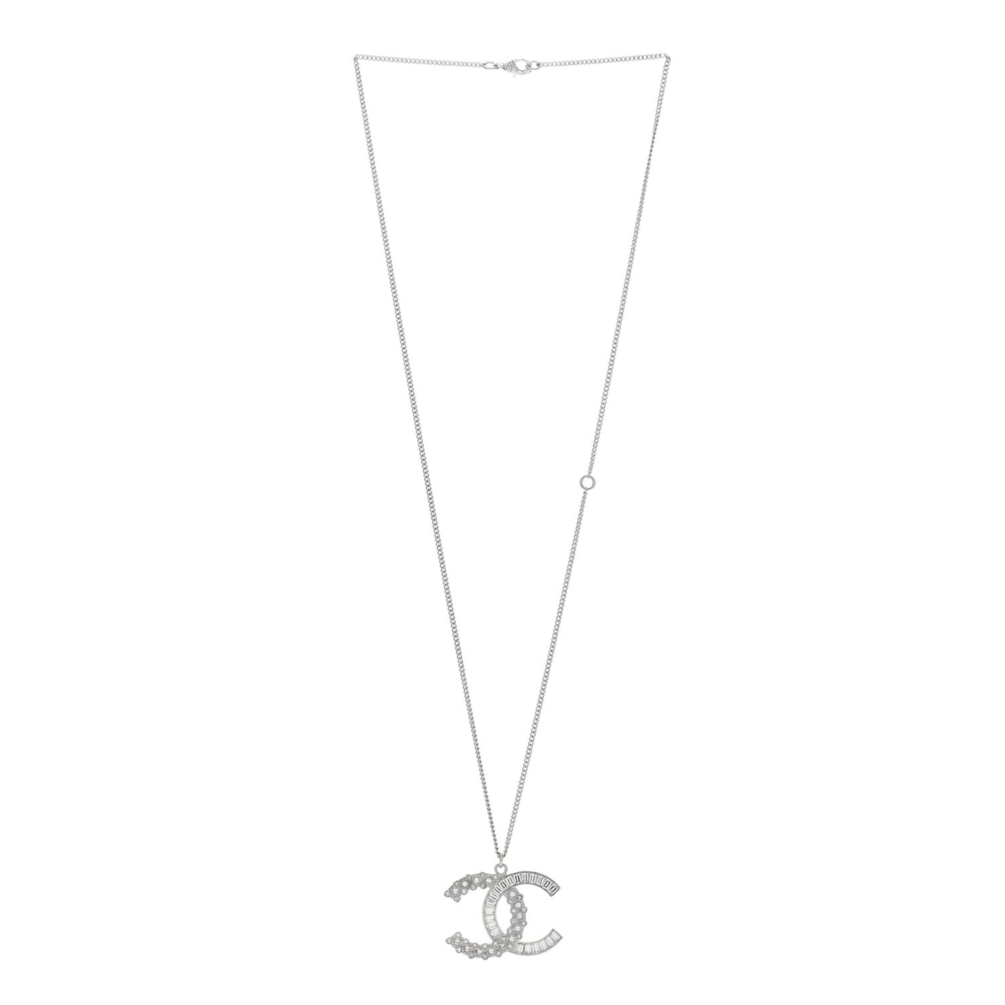 Metal Baguette Crystal Large CC Necklace Silver
