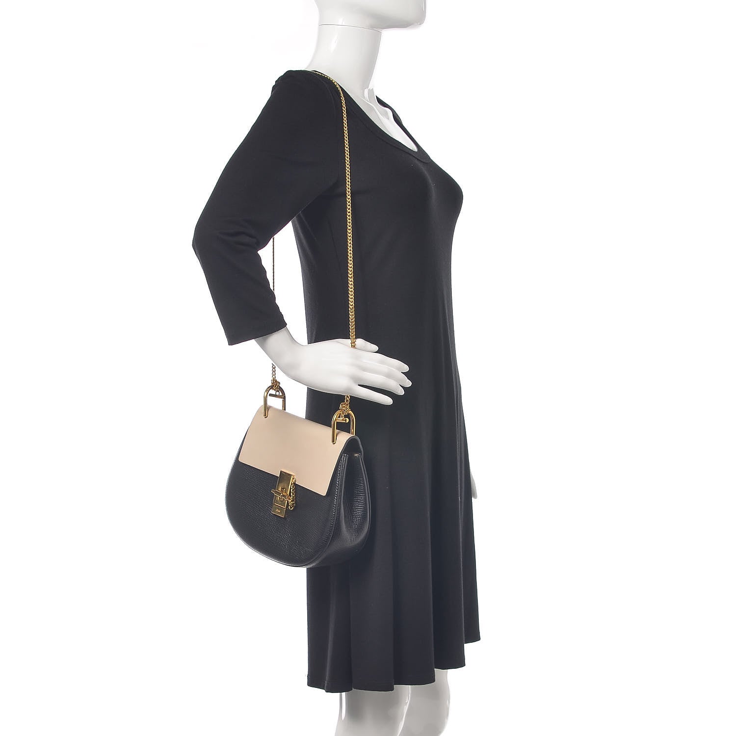 Chloe Grained Calfskin Lambskin Bi-Color Drew Shoulder Bag Black Powder Beige 2 of 10