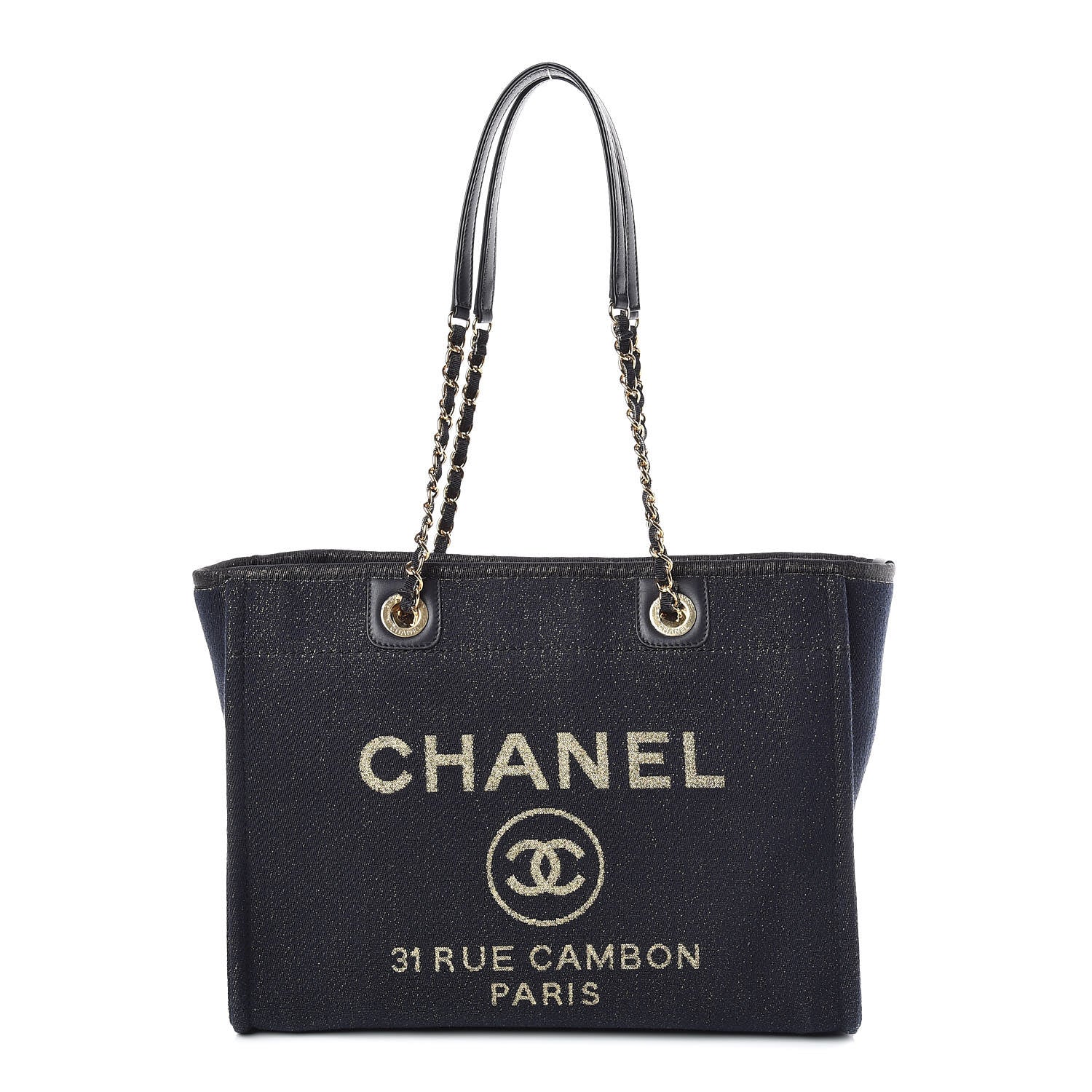 Chanel Lurex Canvas Small Deauville Tote Navy Blue Gold 1 of 10