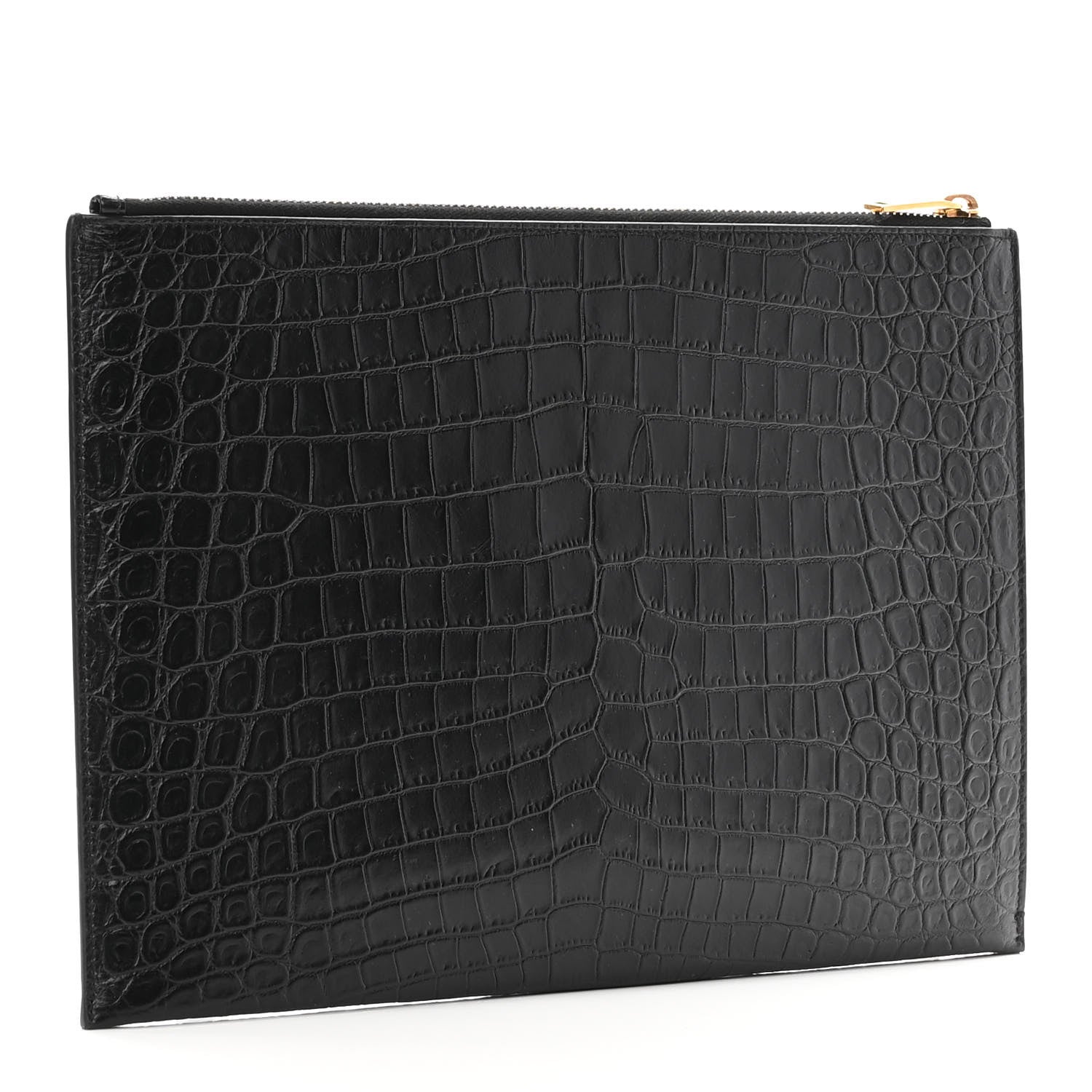 Saint Laurent Calfskin Crocodile Embossed Tiny Monogram Zipped Tablet Holder Black 2 of 9