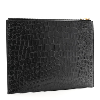 Saint Laurent Calfskin Crocodile Embossed Tiny Monogram Zipped Tablet Holder Black 2 of 9
