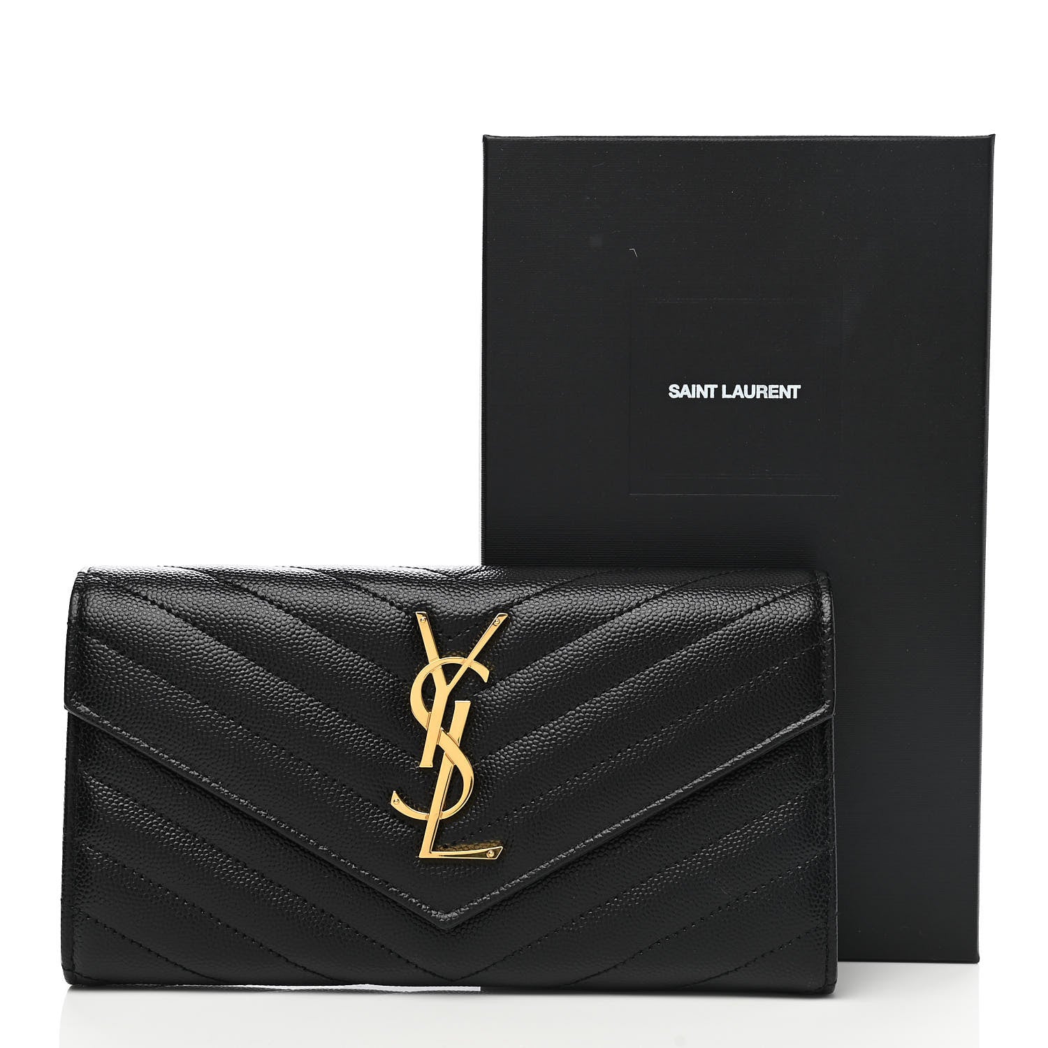 Saint Laurent Grain De Poudre Matelasse Chevron Monogram Flap Wallet Black 8 of 8