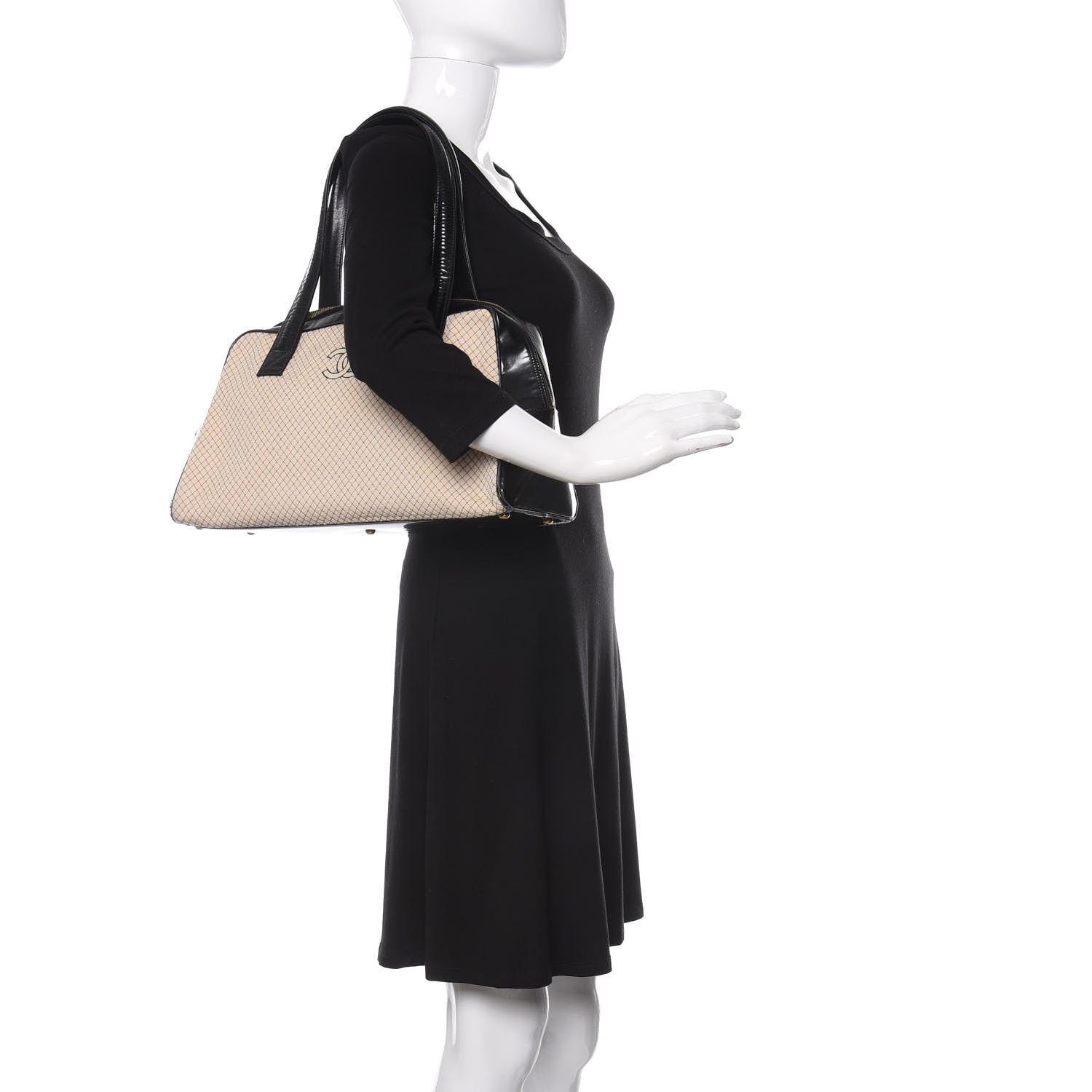 Chanel Patent Jersey Quilted Bowler Ivory Black 2 of 12