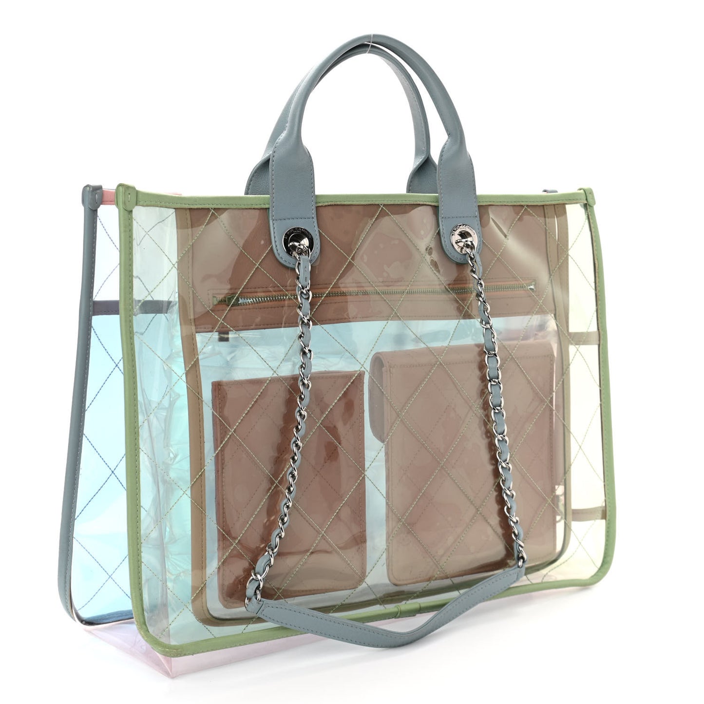 PVC Lambskin Stitched Medium Coco Splash Shopping Bag Blue Green Pink