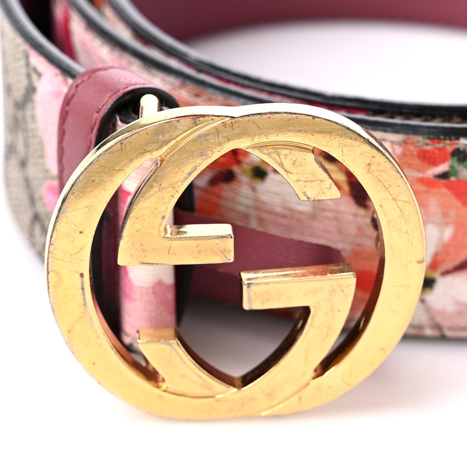 Gucci GG Supreme Monogram Blooms Moon Calfskin Interlocking G 37mm Belt 75 30 Beige Ebony Multicolor Dry Rose 6 of 7