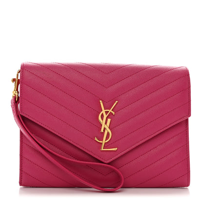 Saint Laurent Grain De Poudre Matelasse Chevron Monogram Envelope Clutch Fuchsia 1 of 9