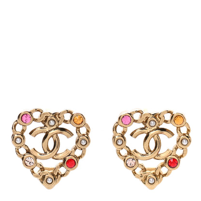 Chanel Pearl Crystal CC Heart Earrings Gold Multicolor 1 of 7