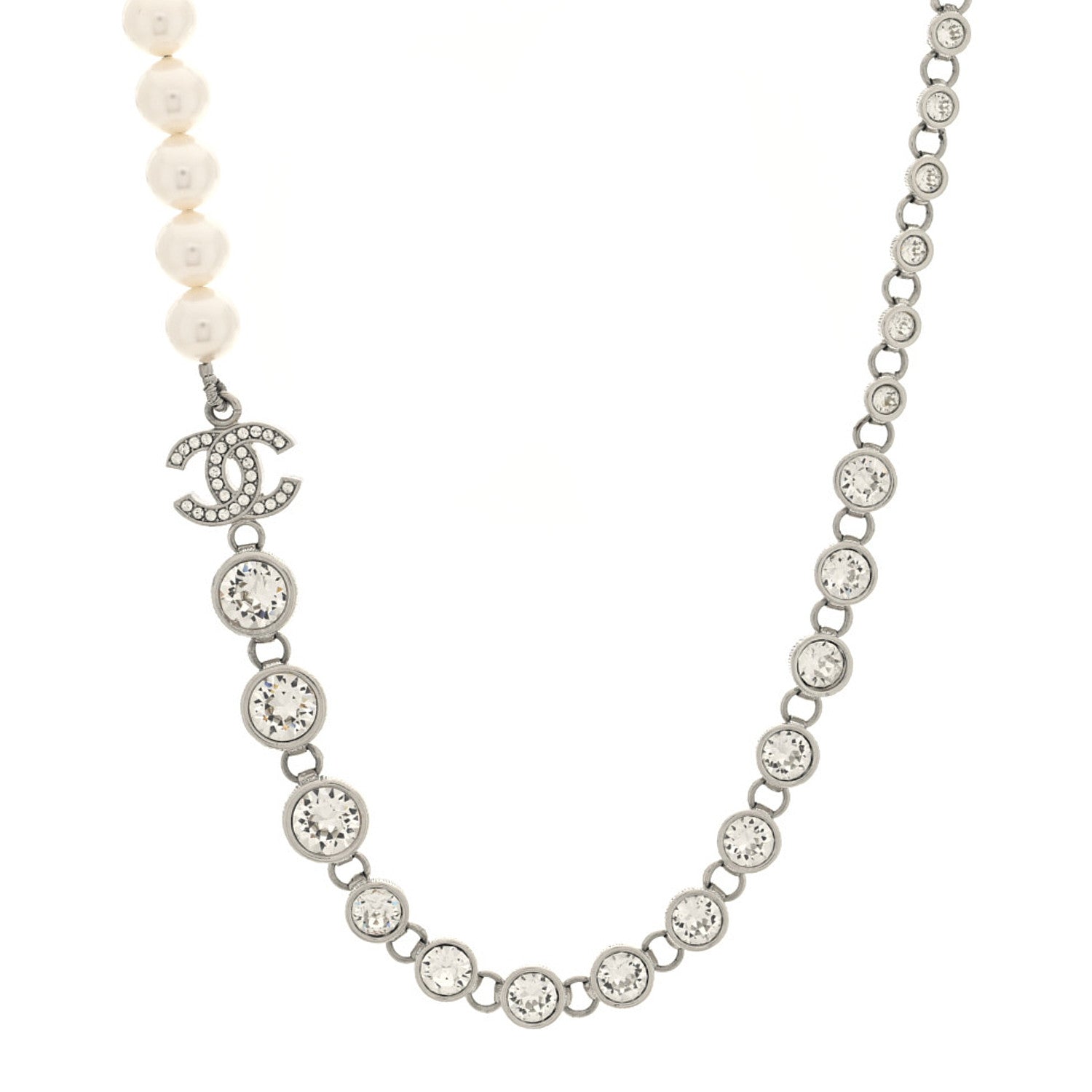 Chanel Pearl Crystal CC Choker Necklace Silver Pearly White 1 of 5