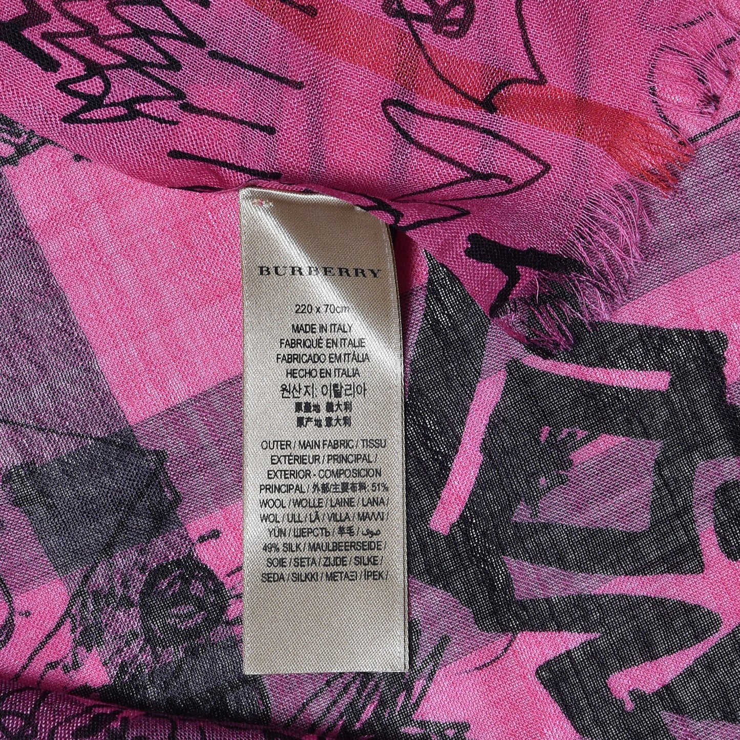 Wool Silk Gauze Giant Check Doodle Text Print Scarf Neon Pink