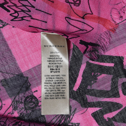 Burberry Wool Silk Gauze Giant Check Doodle Text Print Scarf Neon Pink 5 of 5
