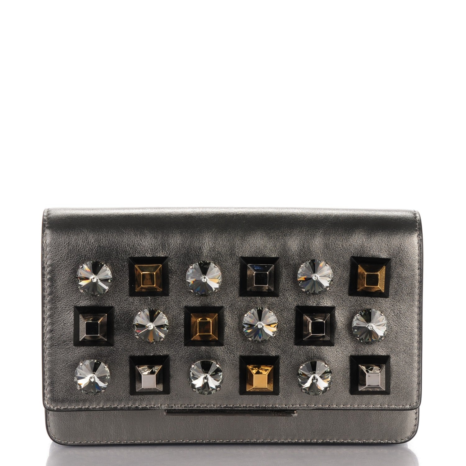 Fendi Glossy Calfskin Crystal Studded Tube Wallet On Chain Graphite 1 of 6