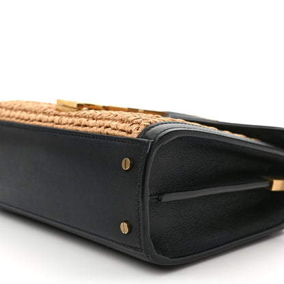 Saint Laurent Raffia Calfskin Mini Classic Monogram Cassandra Top Handle Black Natural 9 of 9