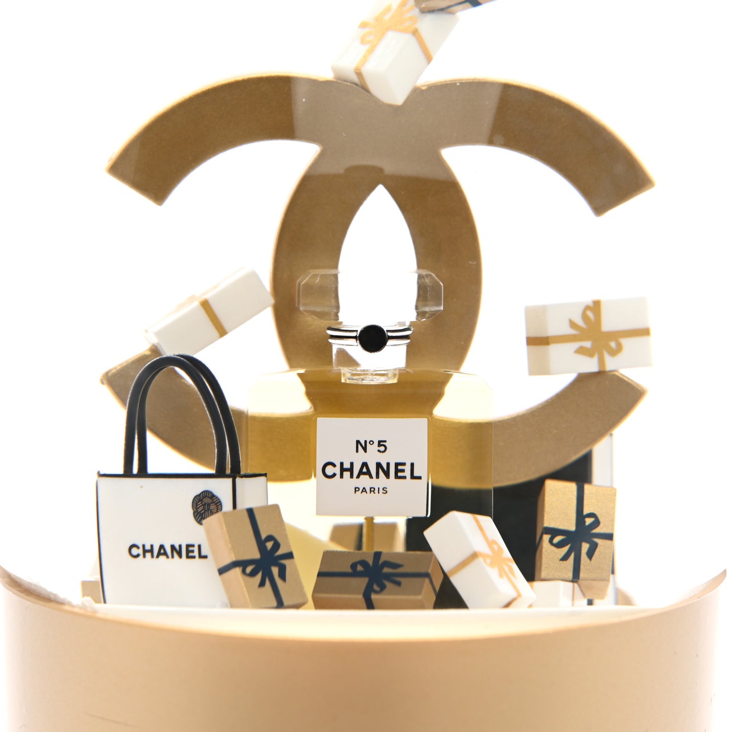Glass CC Shopping Bag Snow Globe Gold