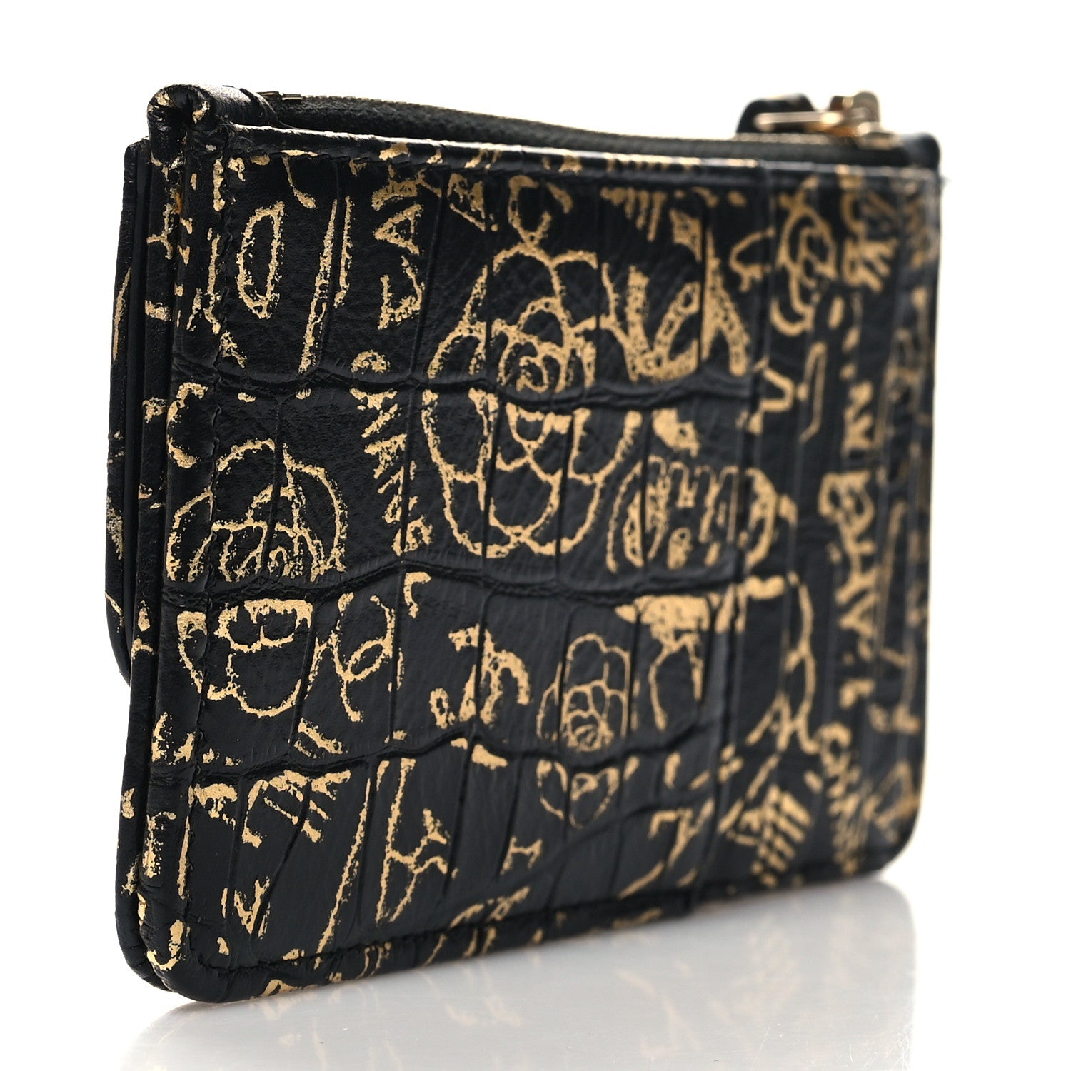 Chanel Calfskin Crocodile Embossed Graffiti Reissue Flap Zip Card Holder Black Gold 3 of 8