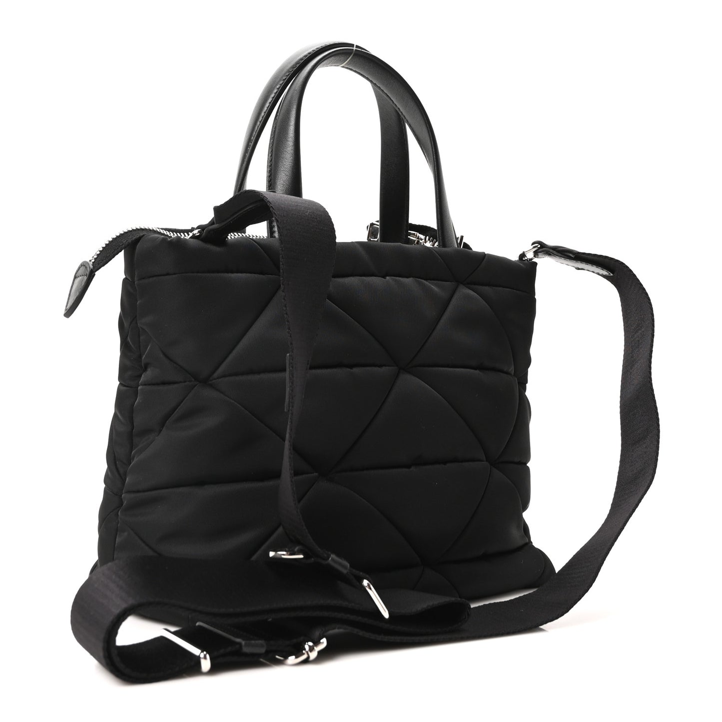 Re-Nylon Nappa Triangle Quilted Padded Double Handled Zip Pocket Tote Black