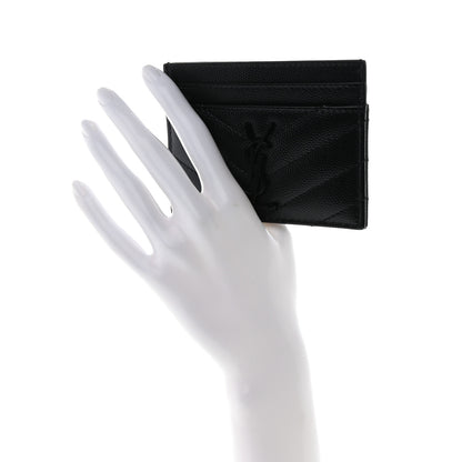 Saint Laurent Grain De Poudre Matelasse Chevron Monochrome Monogram Credit Card Case Black 2 of 8