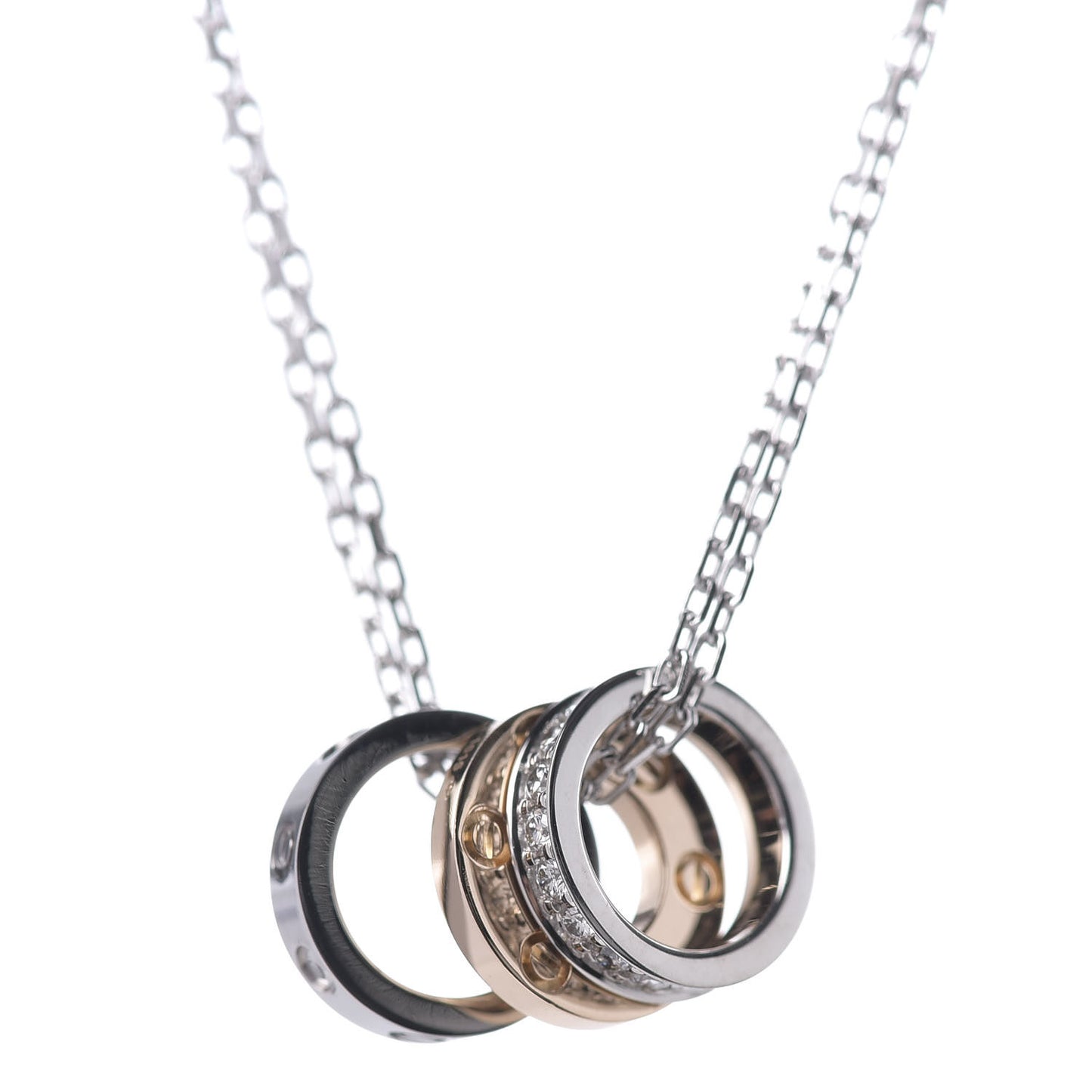 18K White Pink Gold Diamond Three Ring LOVE Pendant Necklace