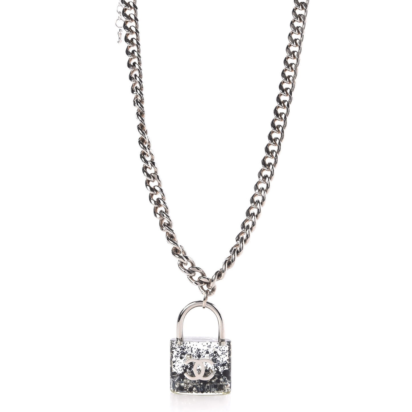Resin CC Oversized Padlock Chain Necklace Silver Pearly White