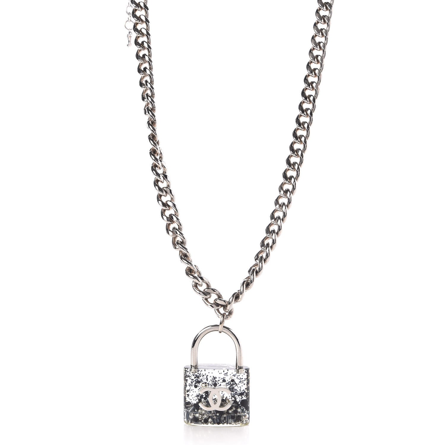 Chanel Resin CC Oversized Padlock Chain Necklace Silver Pearly White 1 of 5