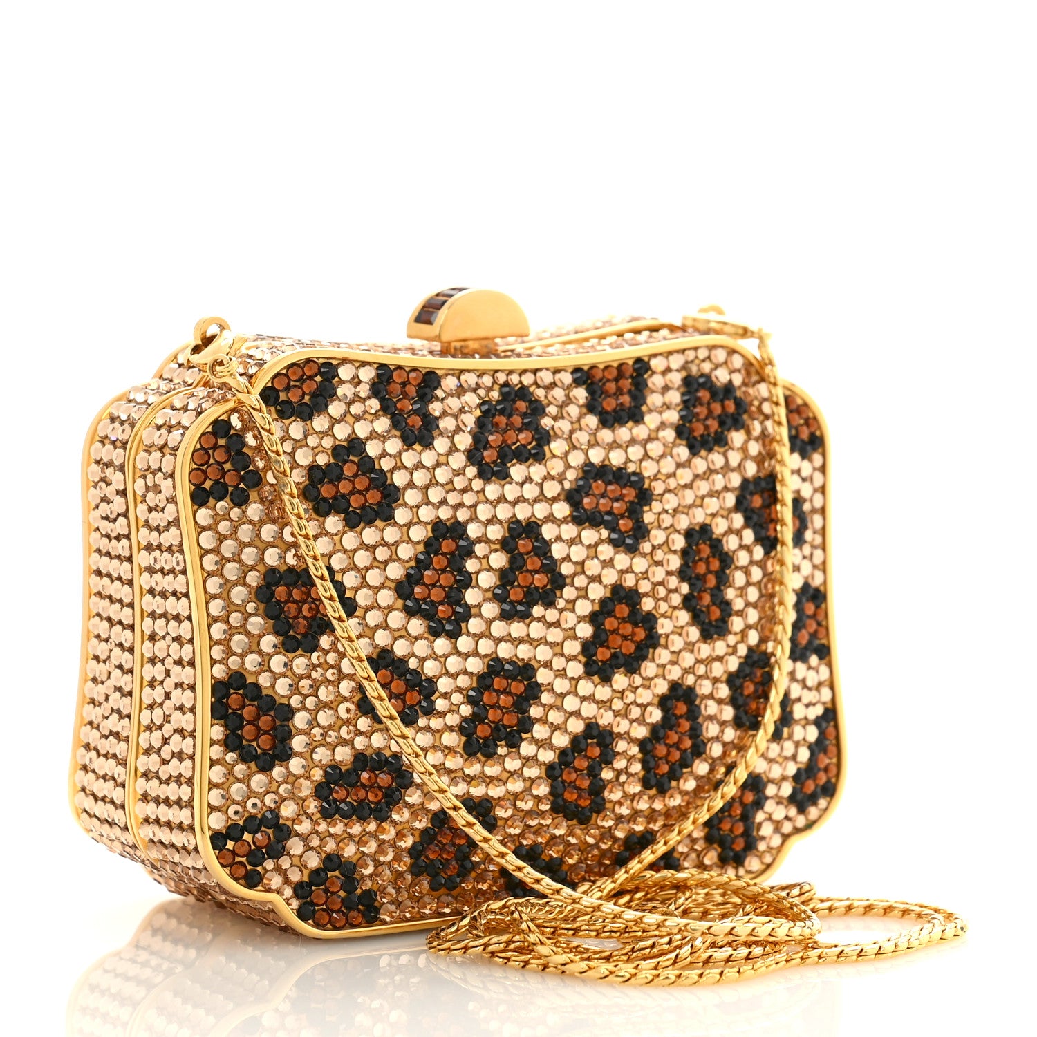 Judith Leiber Crystal Leopard Minaudiere Clutch Brown Gold 3 of 8
