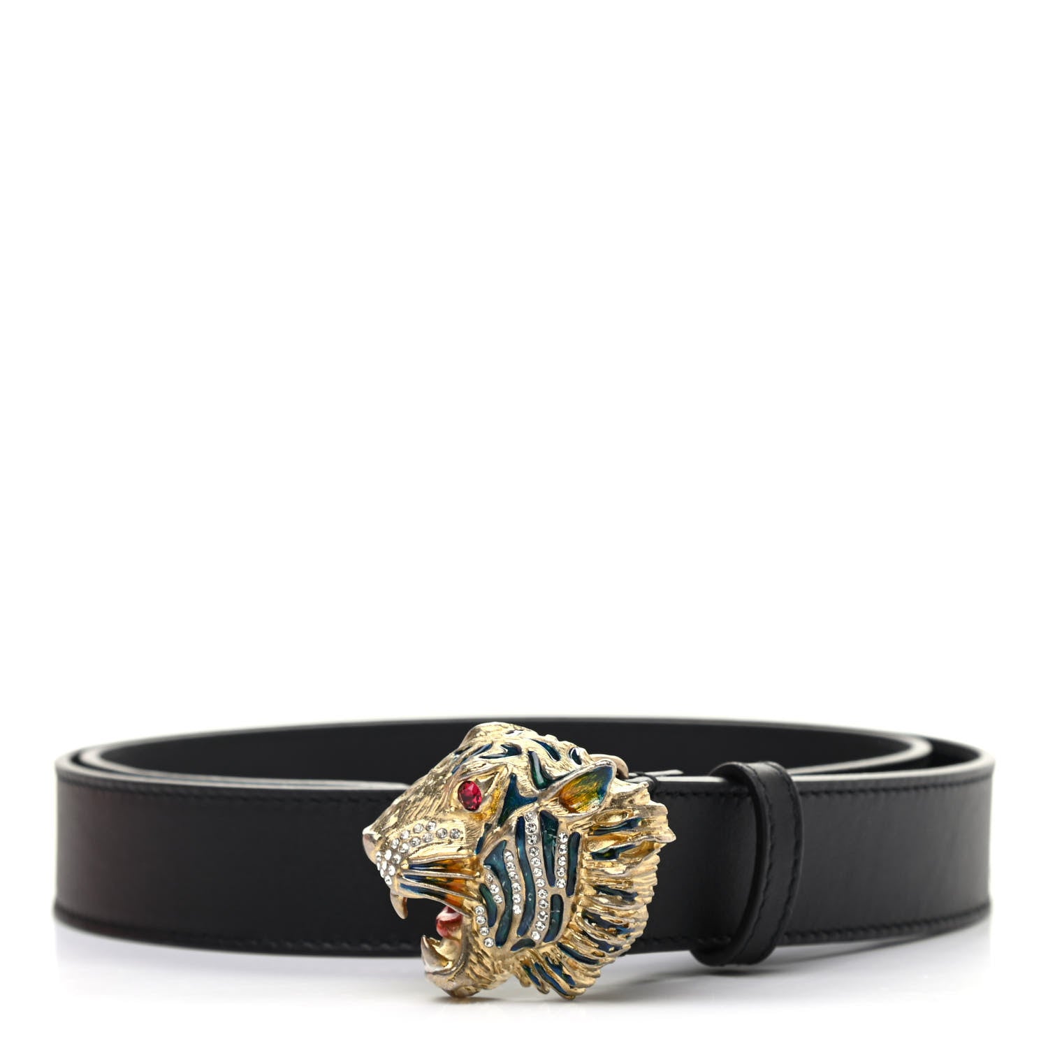 Gucci Calfskin Crystal Metal Tiger Head Buckle 30mm Belt 95 38 Black Multicolor 1 of 5