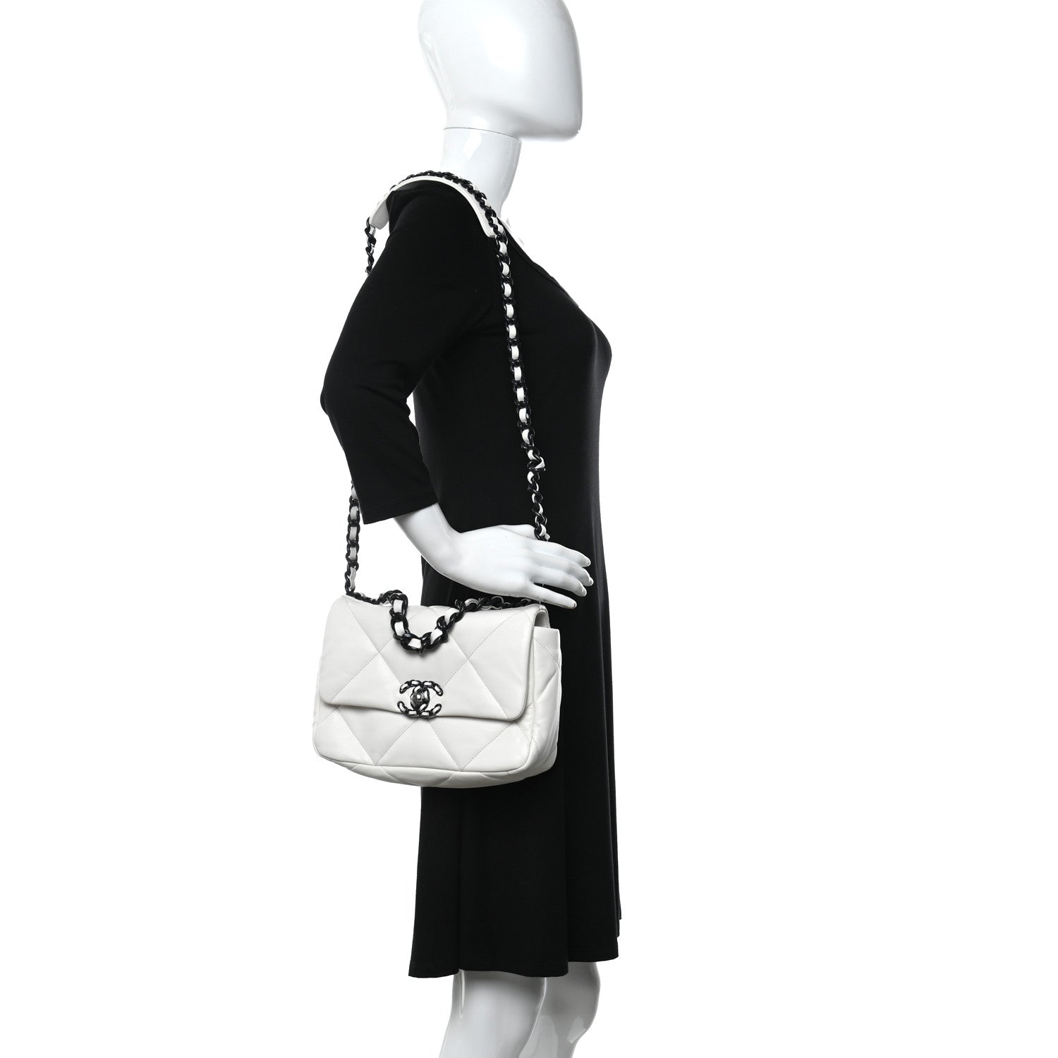 Chanel Glossy Calfskin Quilted Medium Chanel 19 Flap White Black 2 of 10