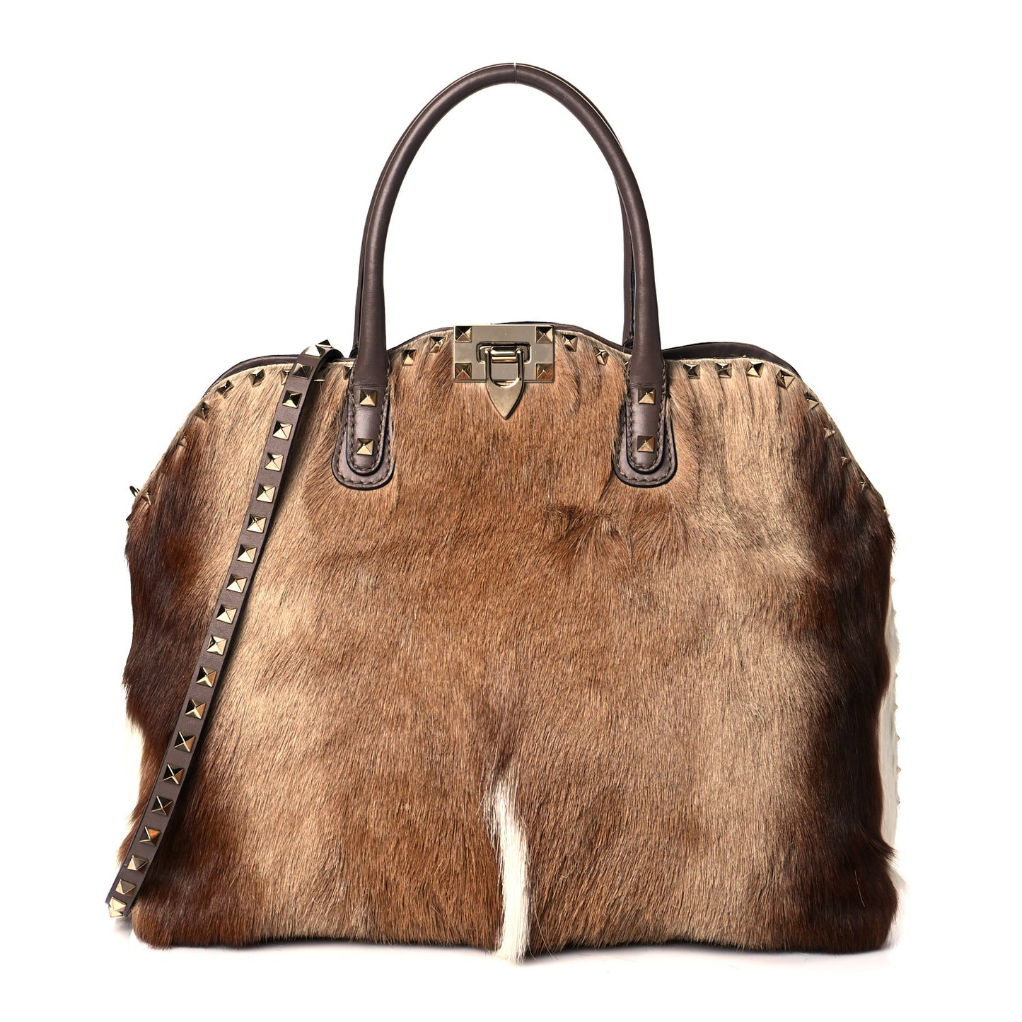 Calf Hair Cavallino Animal Rockstud Dome Satchel Brown